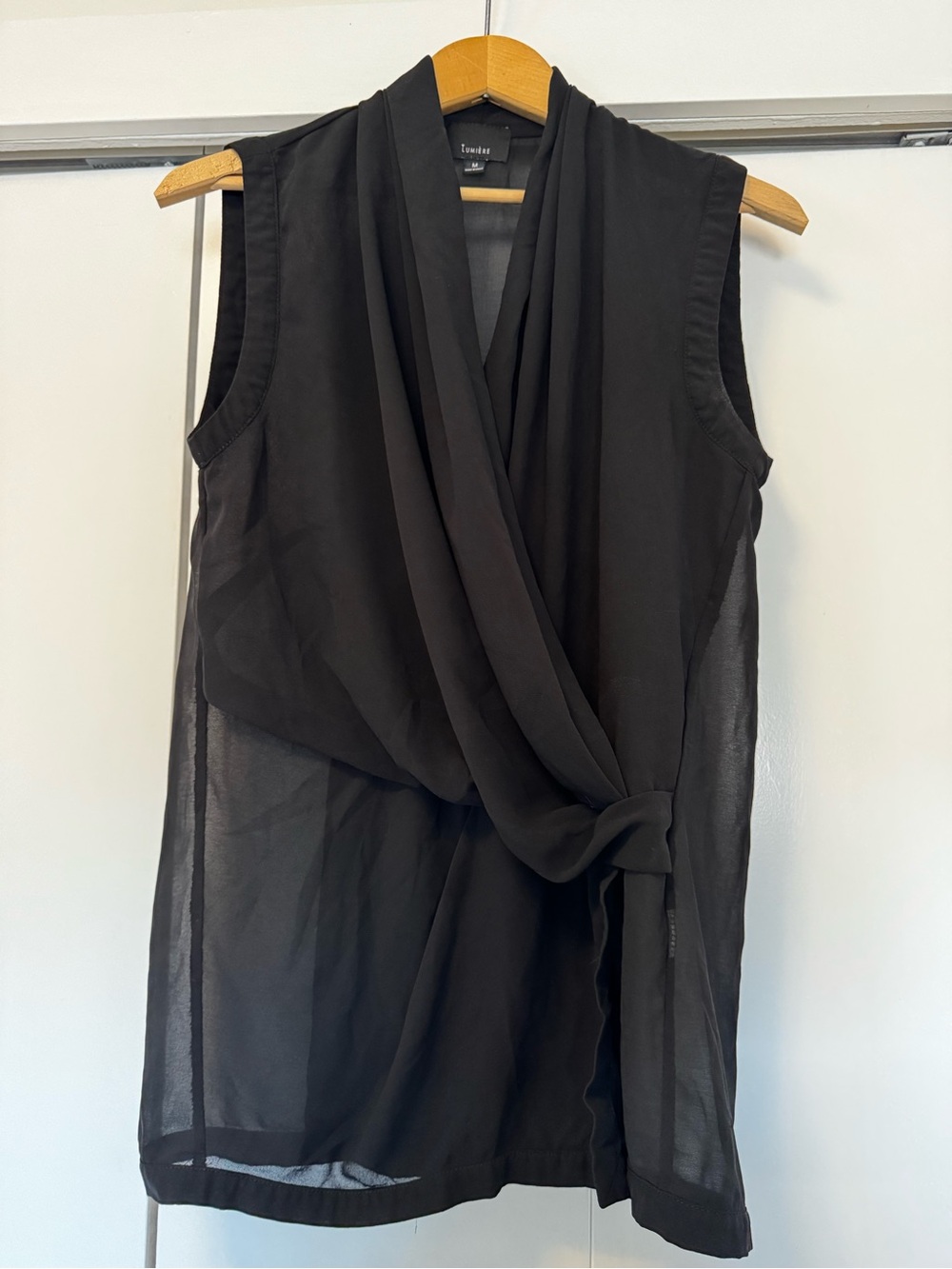 Lumiere Black Sheer Back Draped Wrap Sleeveless Blouse Mock Neck Layered Top M